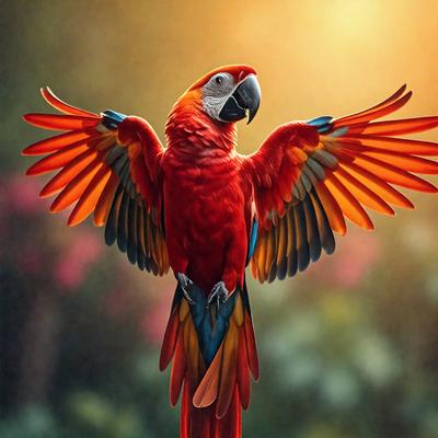 The primary subject of the image is a vibrant red and yellow parrot with a blue beak, standing on one leg. The parrot is perched on a branch, surrounded by a lush green forest. The visual style of the image is a digital art or illustration, with the parrot being the main focus of the scene. The colors and mood of the image are bright, lively, and full of energy, with the parrot's vivid colors contrasting beautifully against the greenery of the forest